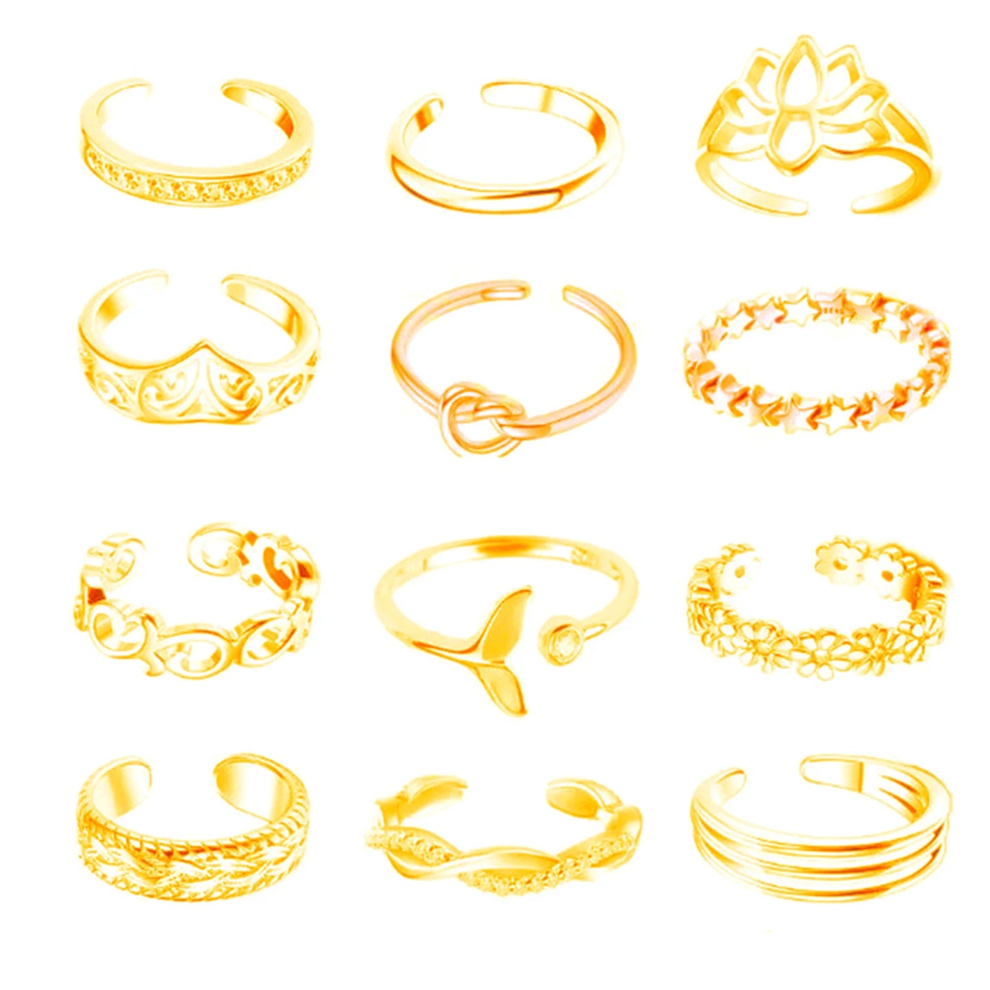 10/12 Pcs Adjustable Toe Rings Set for Women - Flower & Feather Design Summer Beach Jewelry