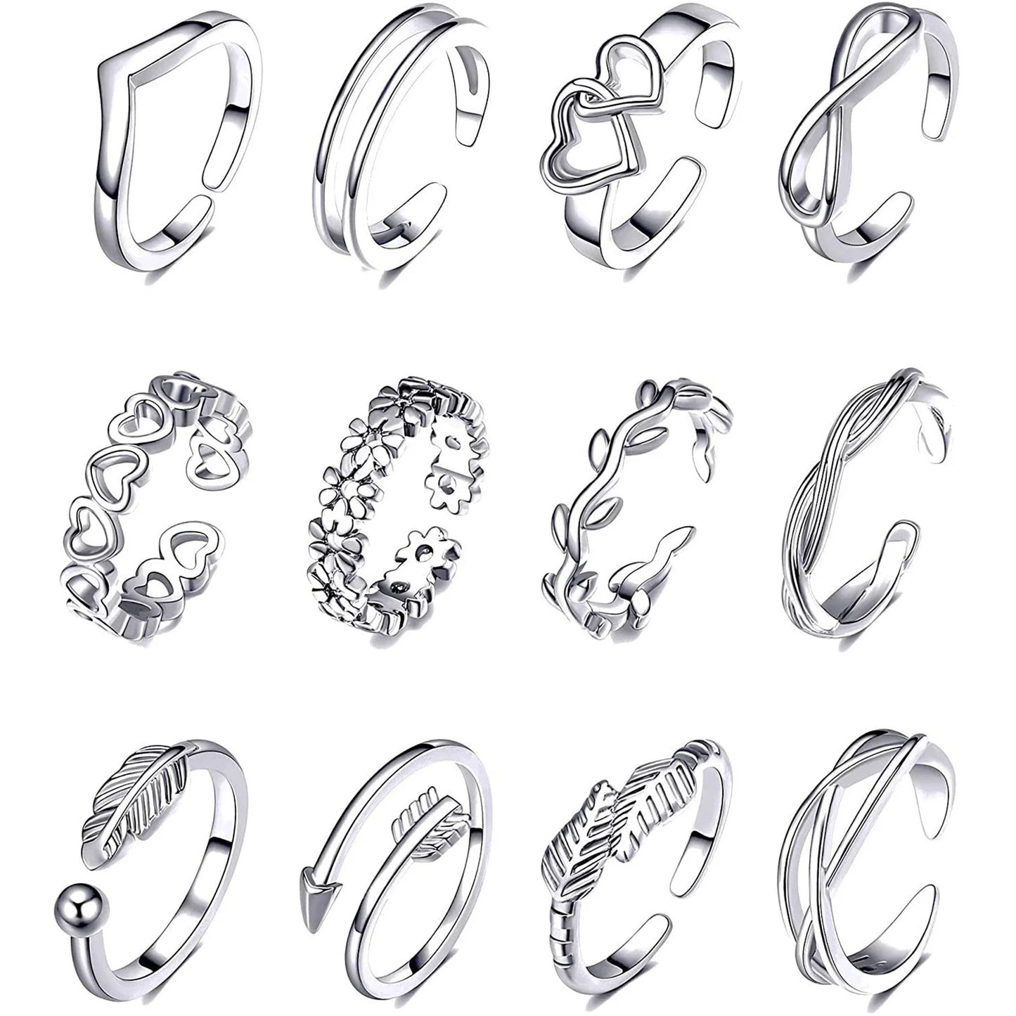 10/12 Pcs Adjustable Toe Rings Set for Women - Flower & Feather Design Summer Beach Jewelry