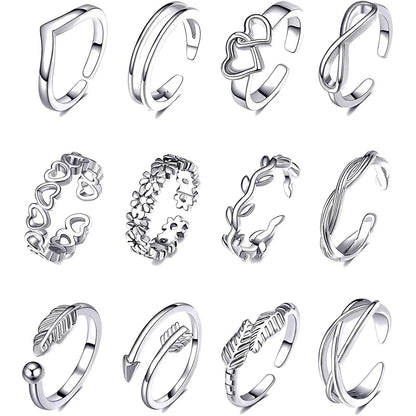 10/12 Pcs Adjustable Toe Rings Set for Women - Flower & Feather Design Summer Beach Jewelry