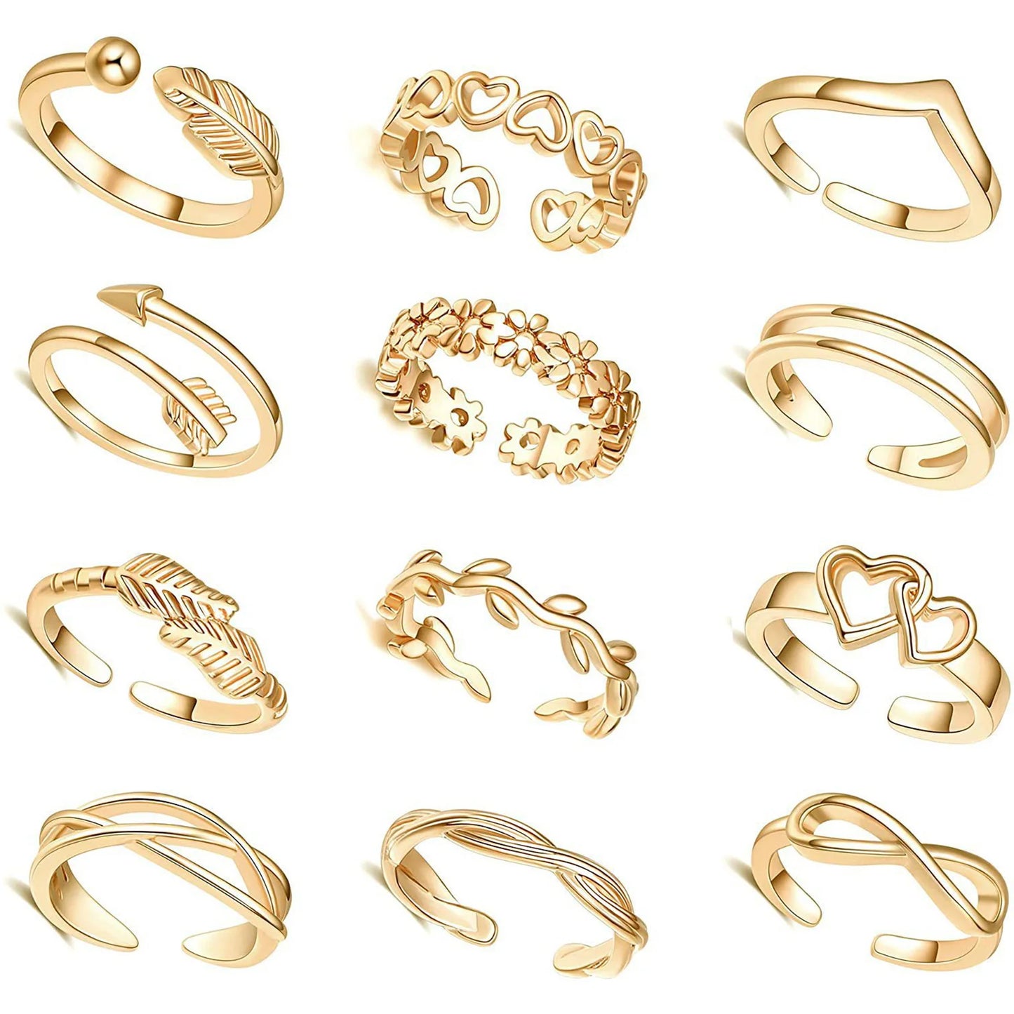 10/12 Pcs Adjustable Toe Rings Set for Women - Flower & Feather Design Summer Beach Jewelry