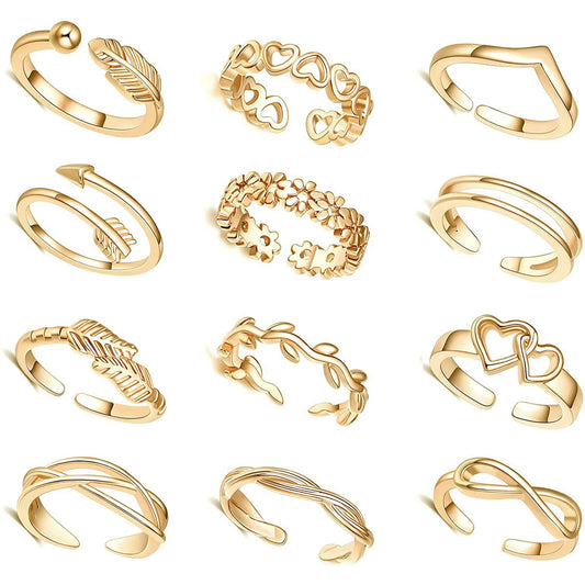 10/12 Pcs Adjustable Toe Rings Set for Women - Flower & Feather Design Summer Beach Jewelry