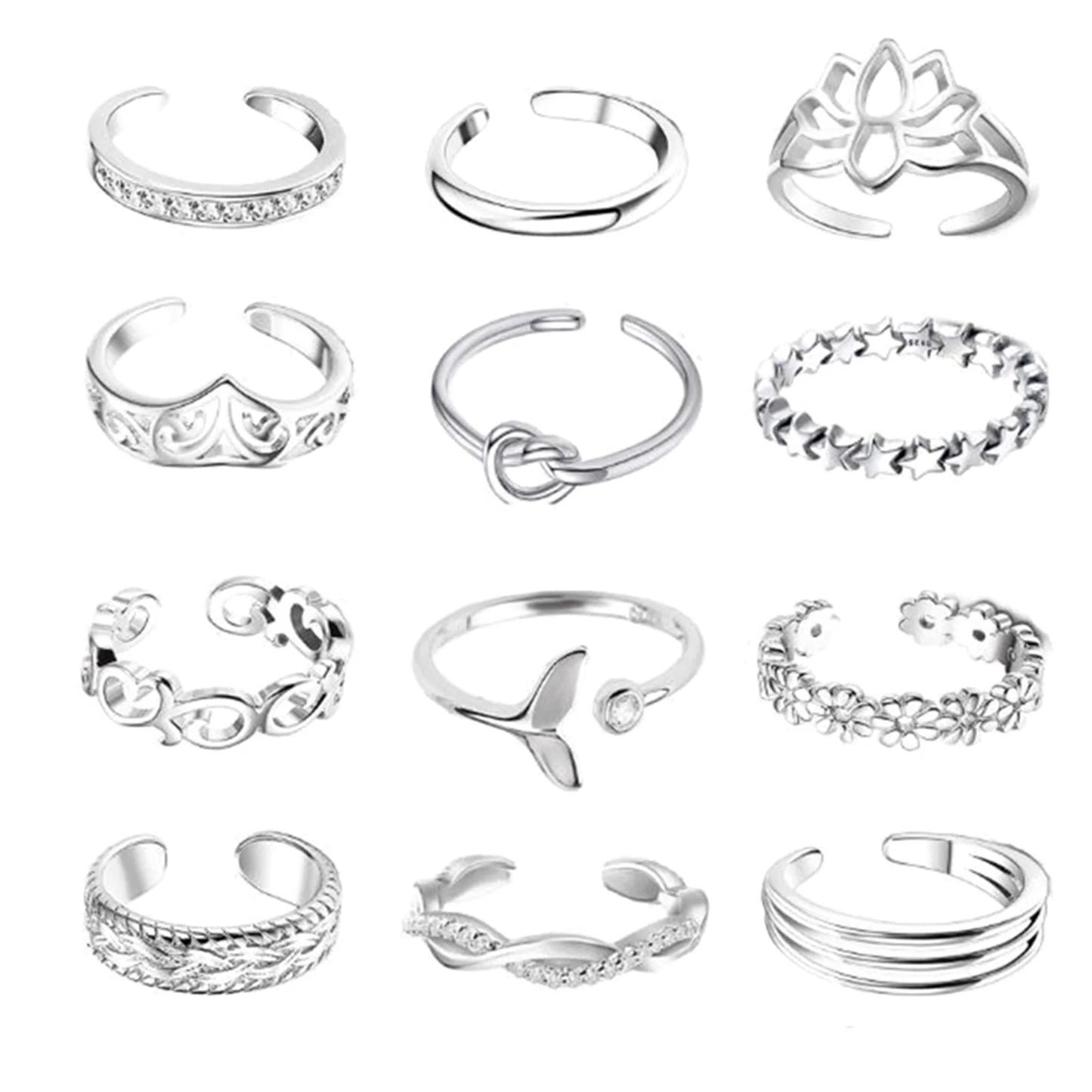 10/12 Pcs Adjustable Toe Rings Set for Women - Flower & Feather Design Summer Beach Jewelry
