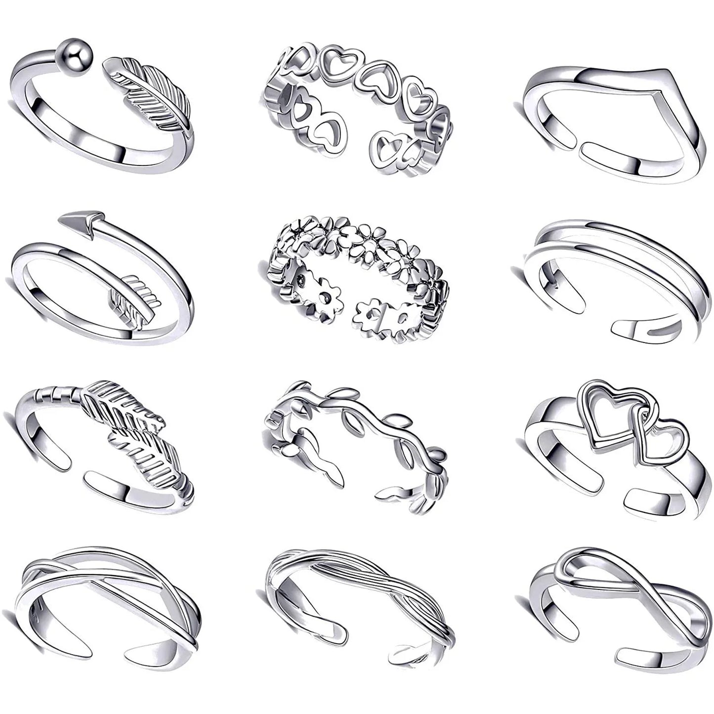 10/12 Pcs Adjustable Toe Rings Set for Women - Flower & Feather Design Summer Beach Jewelry