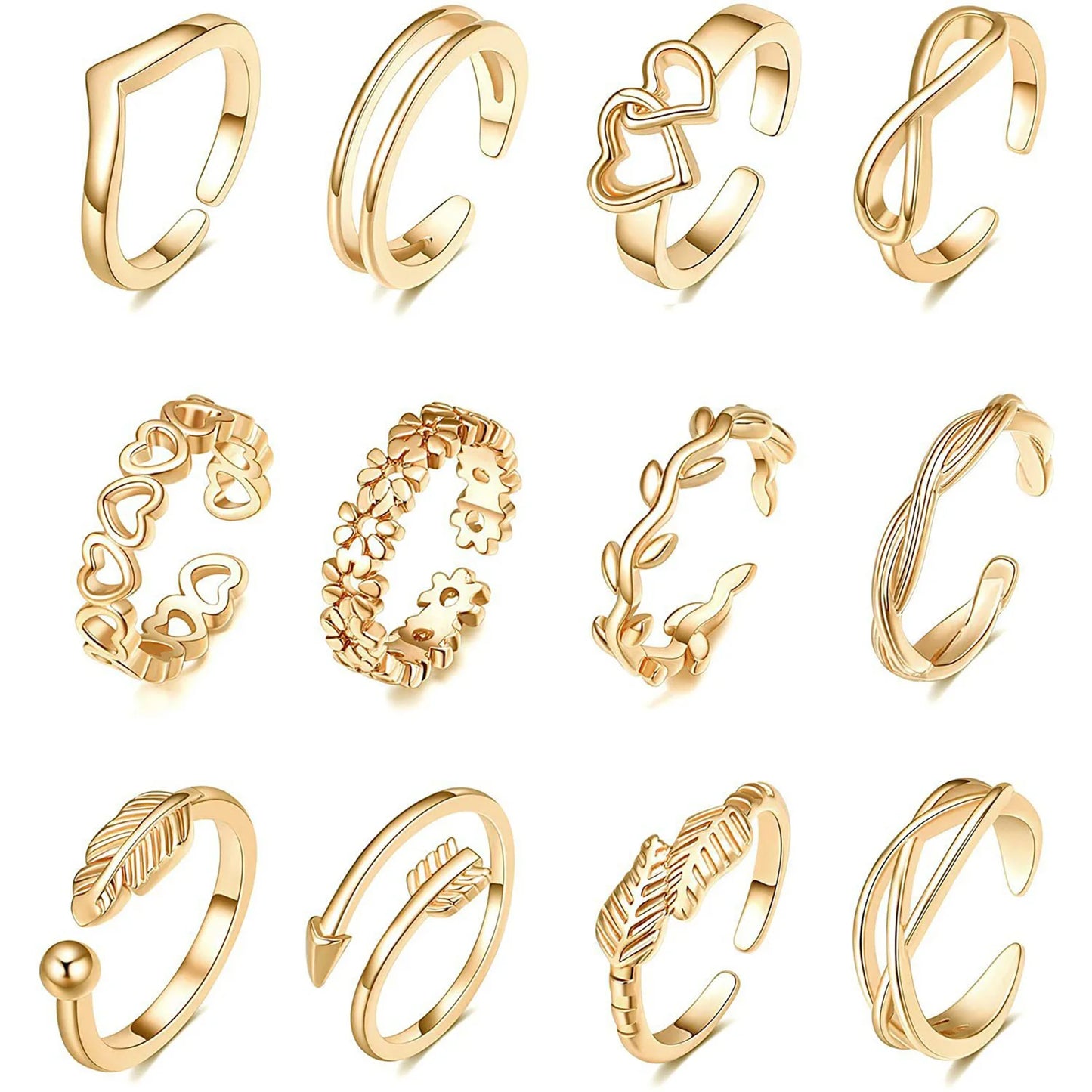 10/12 Pcs Adjustable Toe Rings Set for Women - Flower & Feather Design Summer Beach Jewelry